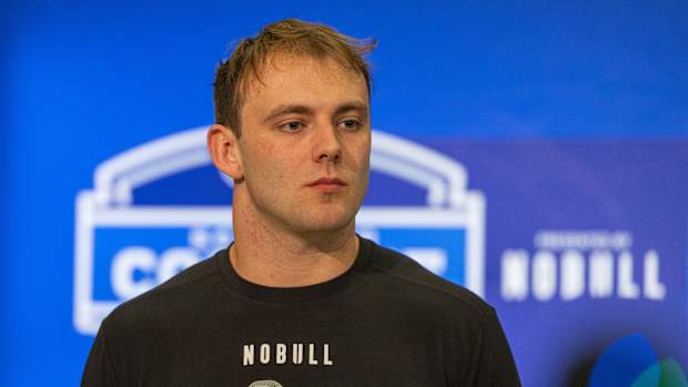 Feb 29, 2024; Indianapolis, IN, USA; Georgia tight end Brock Bowers (TE04) talks to the media during the 2024 NFL Combine at Lucas Oil Stadium. Mandatory Credit: Trevor Ruszkowski-USA TODAY Sports